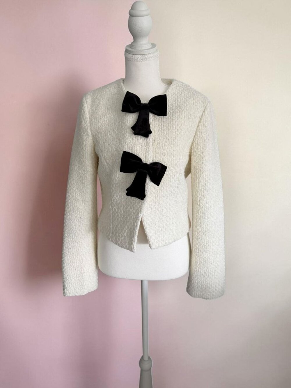 AVEX LES FILLES Wool Blend Cream Black Bow Blazer Jacket Size M NEW NWOT